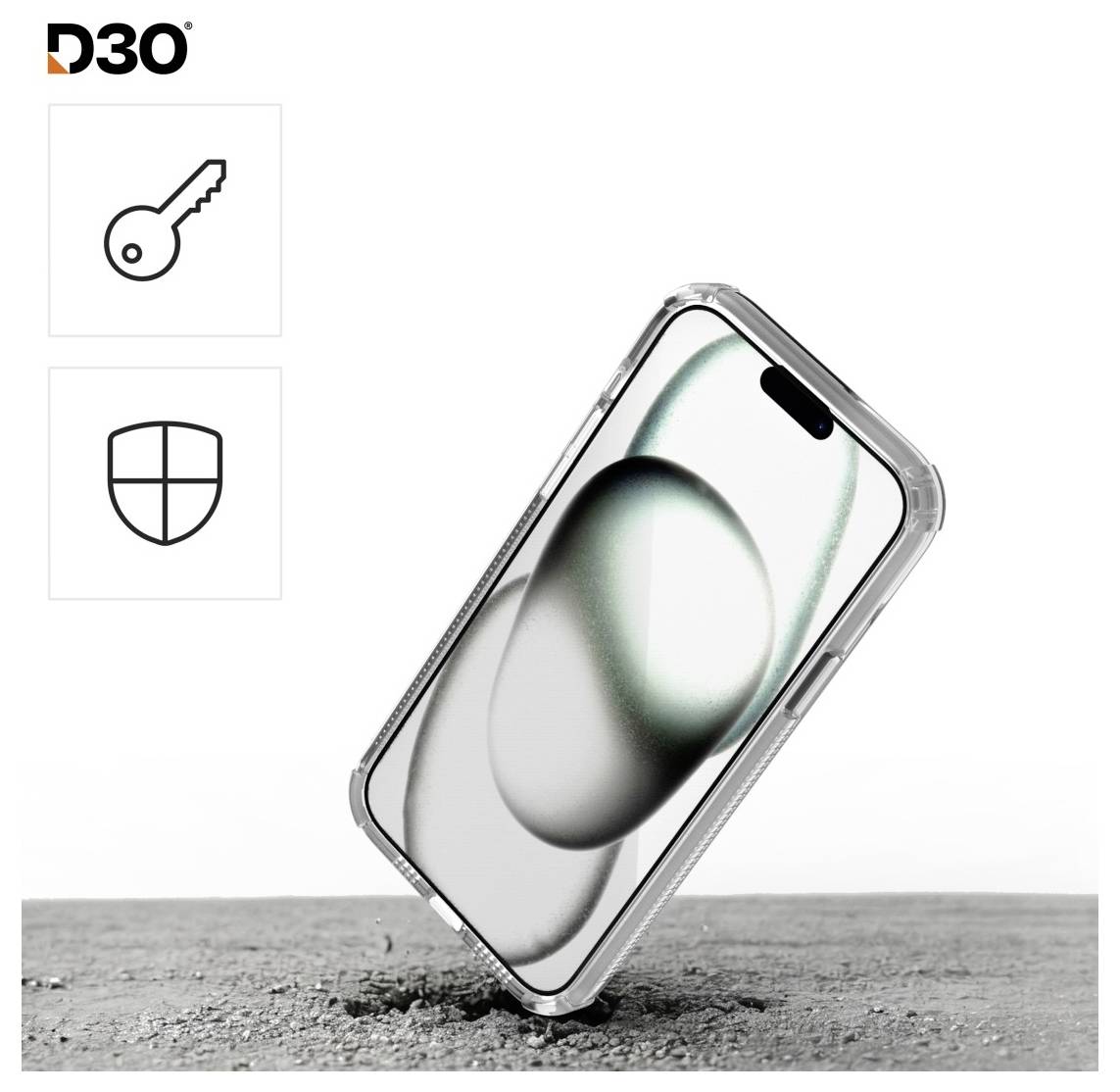 A transparent phone case protects a smartphone showing a bubble background. Icons suggest scratch resistance and durability.
