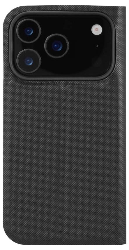 A smartphone back cover with a black textured design, featuring openings for triple camera lenses and a flash in the top corner.