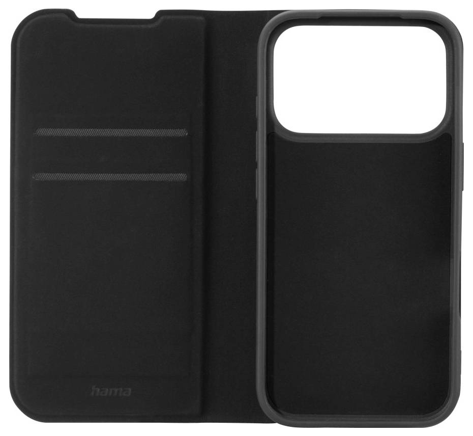 Black smartphone case with a cover and card slots on the left, designed to protect the phone and hold cards.