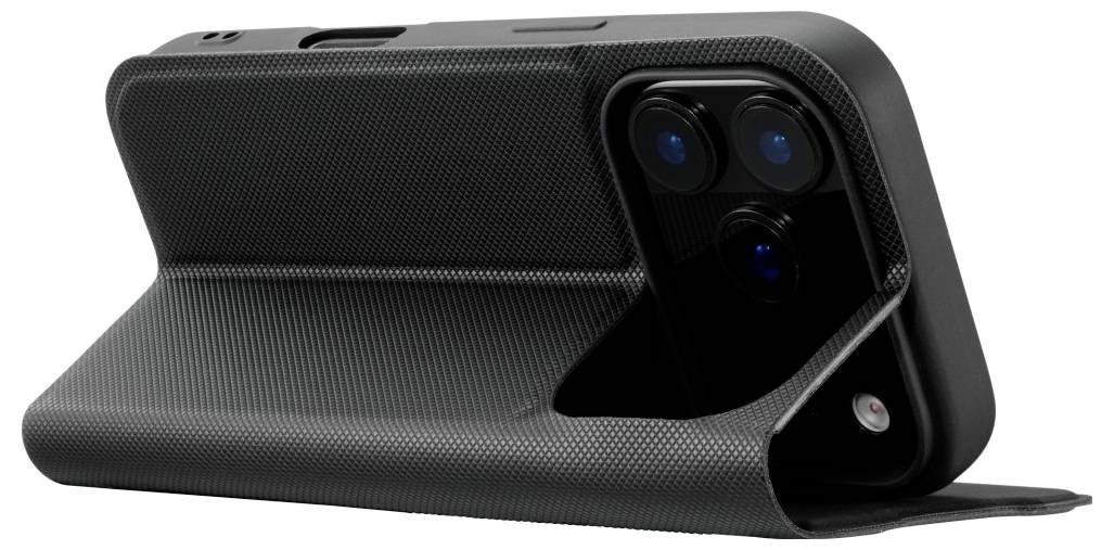 A black textured smartphone case with a built-in stand, featuring camera lens openings.