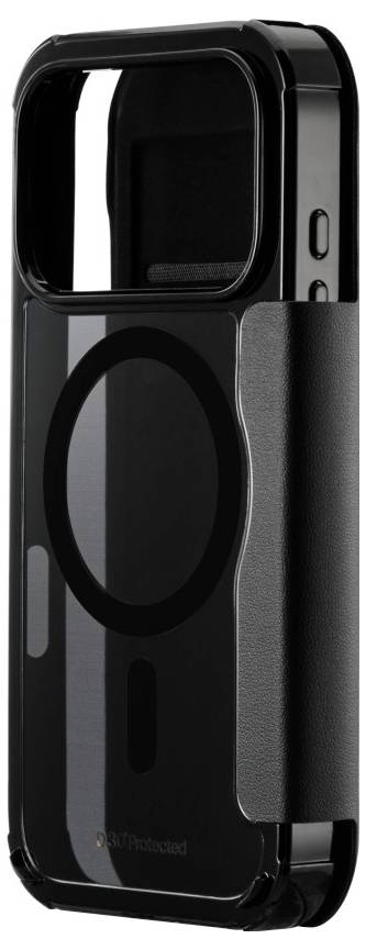 A black phone case with a clear back, circular MagSafe ring, and wallet slot on the side, compatible with phones featuring dual-camera setup.