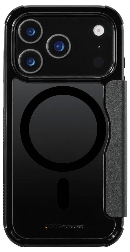 A black smartphone case with a circular groove and lens cutouts is displayed vertically.
