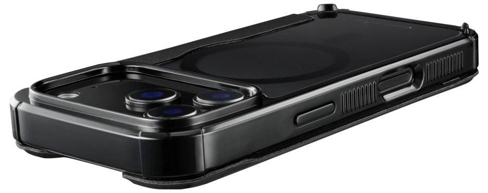 'Close-up of a sleek, modern black smartphone with a large camera lens at the back, lying sideways, showcasing its slim design.'