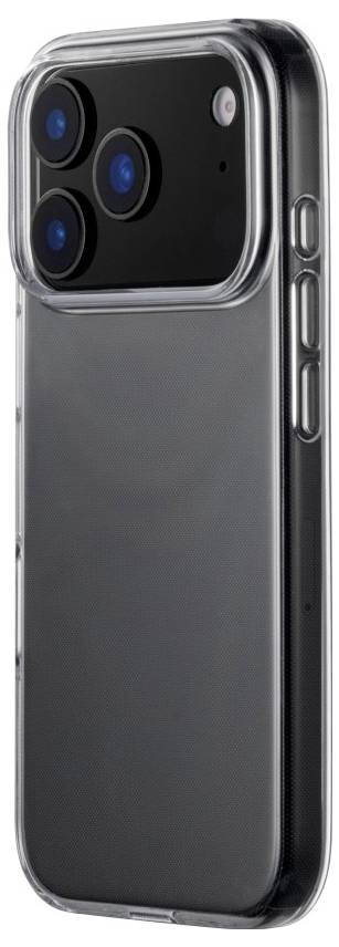 A smartphone with a transparent case, showing a triple camera setup on the back.