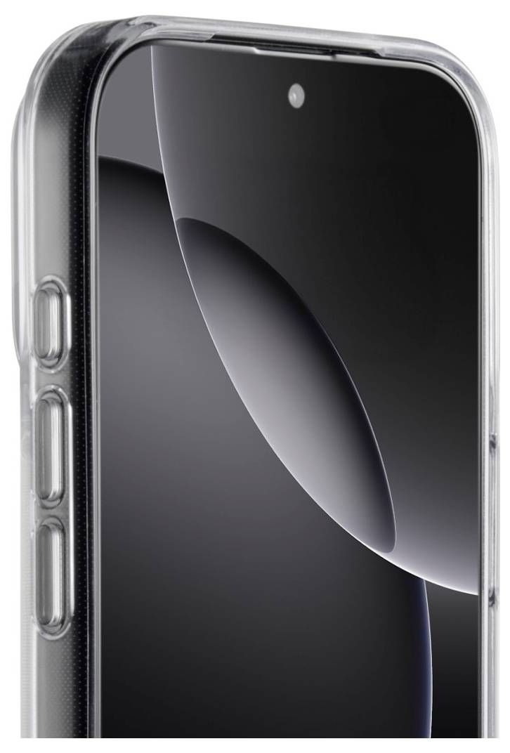 A smartphone with a clear case, focusing on its upper front section with a screen displaying a minimal abstract design.