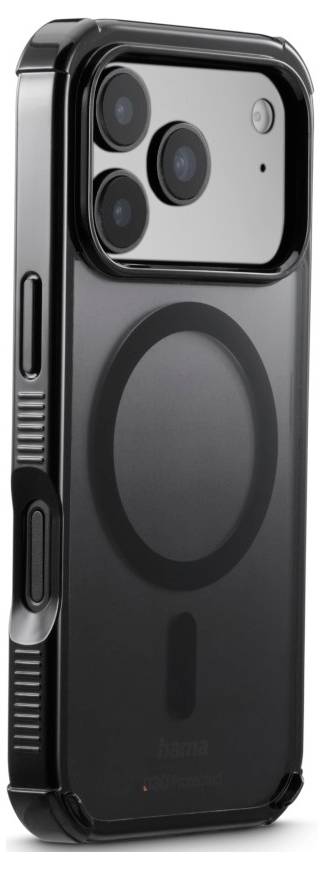 A black smartphone case featuring a circular MagSafe charging area, designed for a device with a triple-camera setup and side button cutouts.