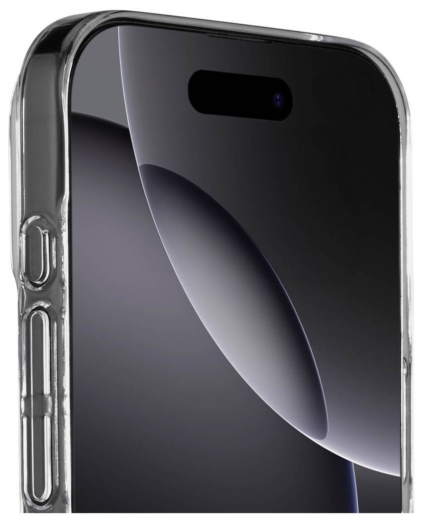 A smartphone with a sleek design featuring a prominent side button, camera notch, and a dark abstract pattern on the screen.