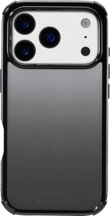 A smartphone in a sleek black case with three camera lenses and a flash. The case has a modern design and protective features.