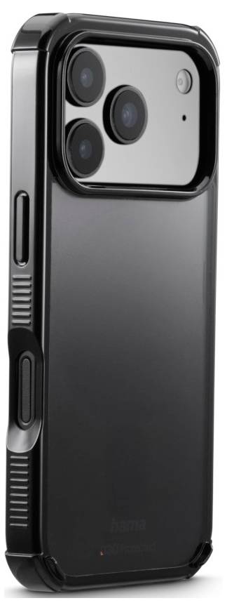 A black smartphone in a sleek protective case, showing three camera lenses and a flash on the back.
