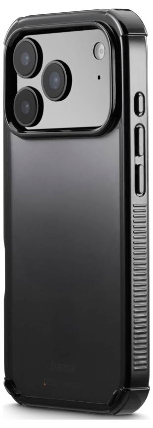 A sleek black smartphone case featuring precise cutouts for the camera lenses and buttons, offering protection and functional access.