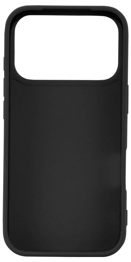 A black phone case with a rectangular cutout for the camera, designed for a contemporary smartphone model.