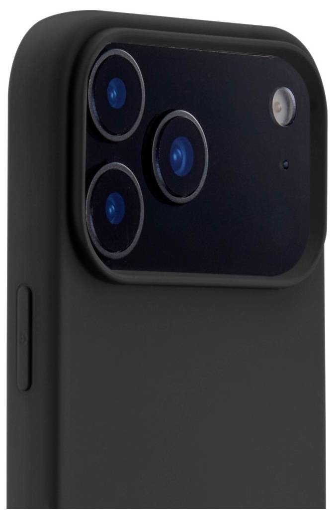 'Close-up of a smartphone's rear camera setup consisting of three lenses and a flash on a black case.'
