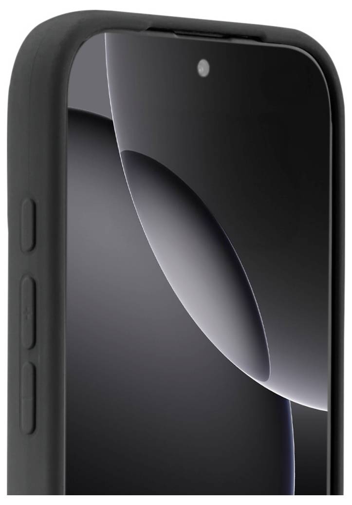 A close-up view of a smartphone's top-left corner, showing the front camera and part of the screen with a black and white abstract design.