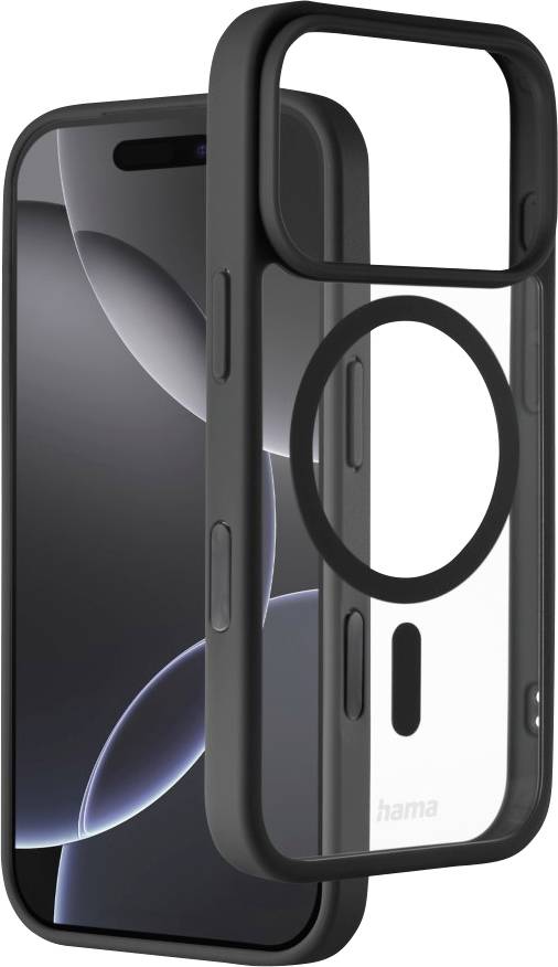 A phone with a minimalist black case featuring a circular cutout, showcasing the front and back design.