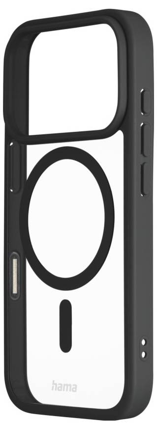 A black phone case featuring a prominent circular magnet area and side buttons, designed for MagSafe compatibility.