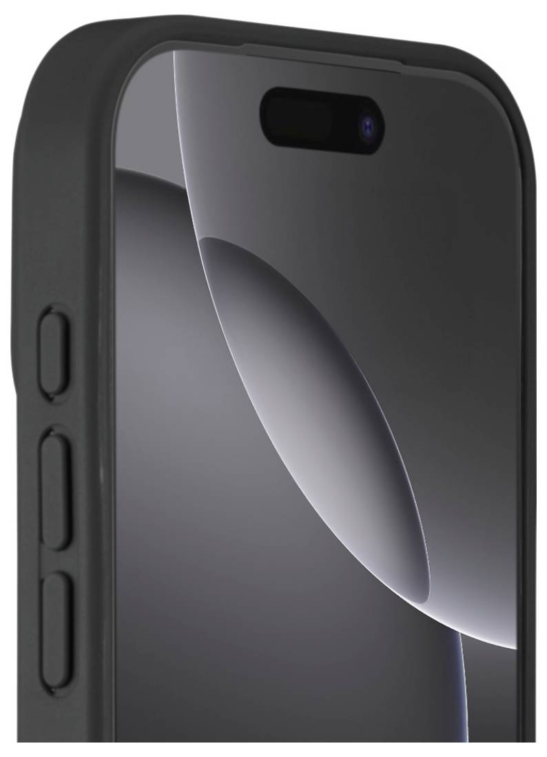 A close-up of a smartphone's upper half in a black case, showing part of the screen and two side buttons.