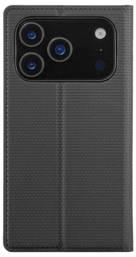 A black textured mobile phone case is shown, featuring a cutout for three camera lenses and a flash on the back.