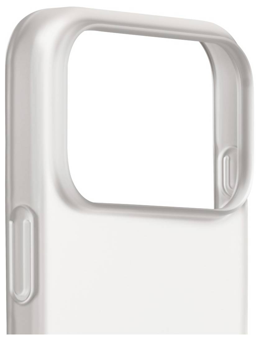 A close-up of a white protective phone case corner, highlighting the square camera cutout and side button covers.