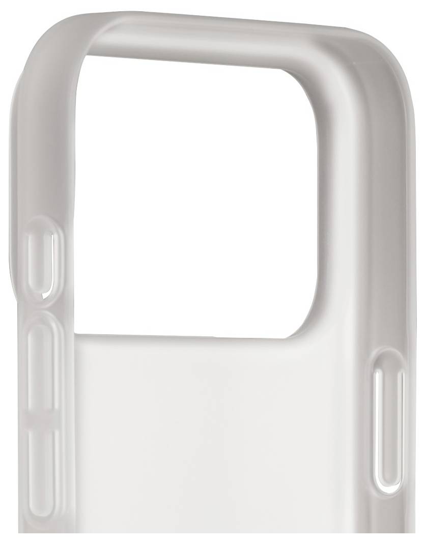 A white, rectangular smartphone case with rounded edges, featuring precise cutouts for buttons and camera.