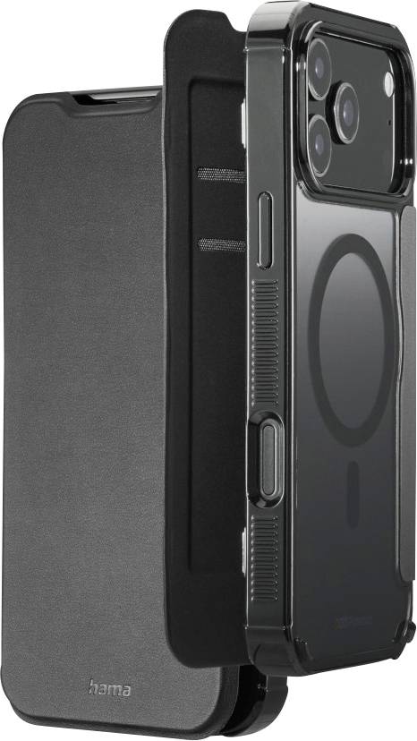 A smartphone in a black flip leather case, with three visible camera lenses on the back, shown in a standing open position.