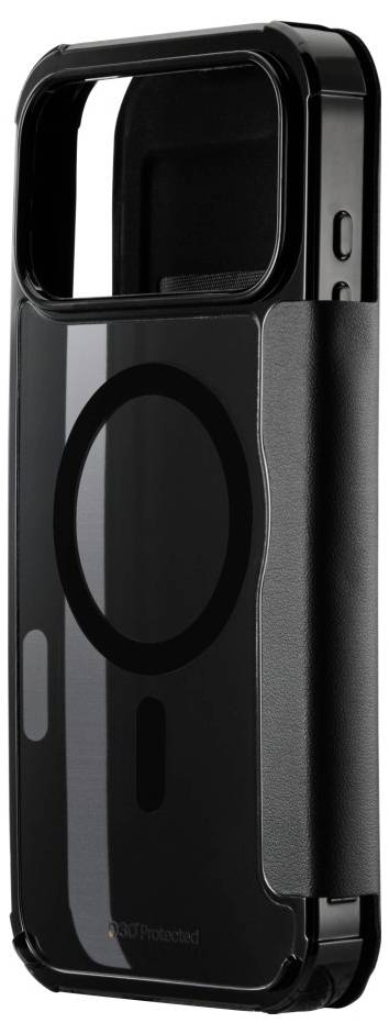 A sleek, black phone case with a built-in card holder and camera protector, featuring a circular magnet design on the back.