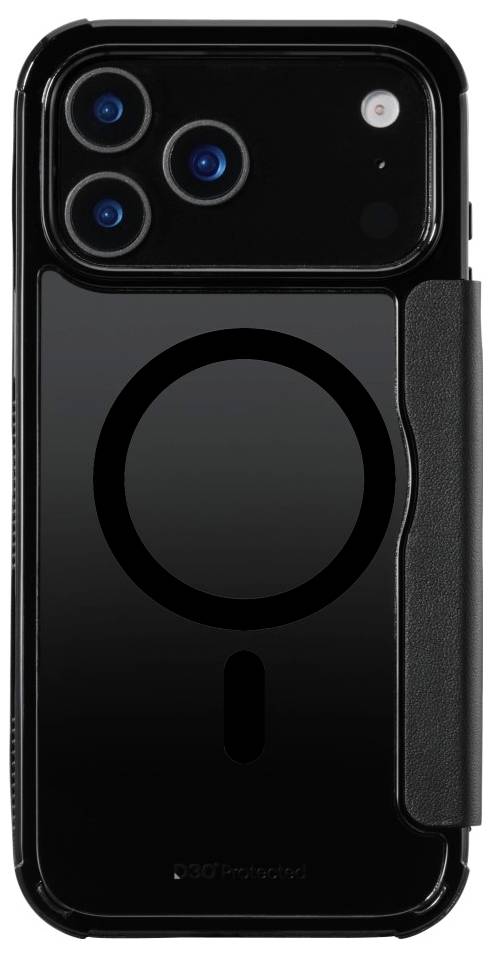 A smartphone with a black case featuring a circular MagSafe design on the back, highlighting its compatibility for magnetic accessories.