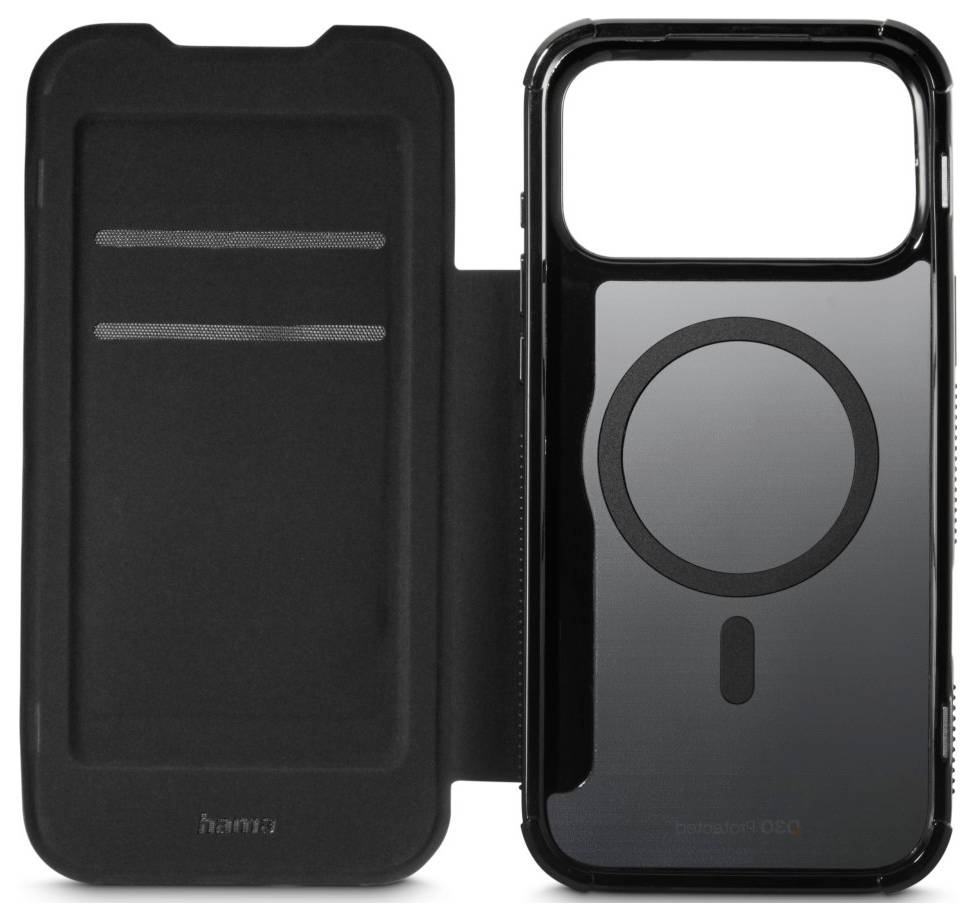 Black phone case with a cover flap on the left, and a transparent back on the right showing a circular MagSafe design.