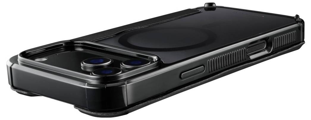 Smartphone in a sleek, black protective case with visible camera lenses on the backside, lying flat on a surface.