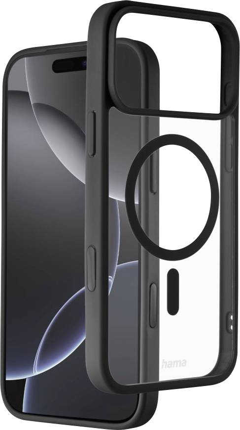 A smartphone with a black case, featuring a separate transparent MagSafe back cover, highlighting the phone's rounded edges and sleek design.