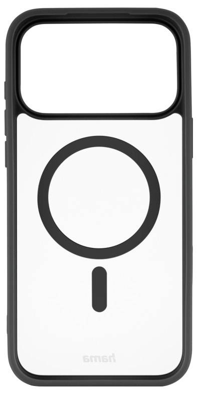 A phone case with a black circular design and a vertical line below, set against a white background. The brand name 'hama' is at the bottom.
