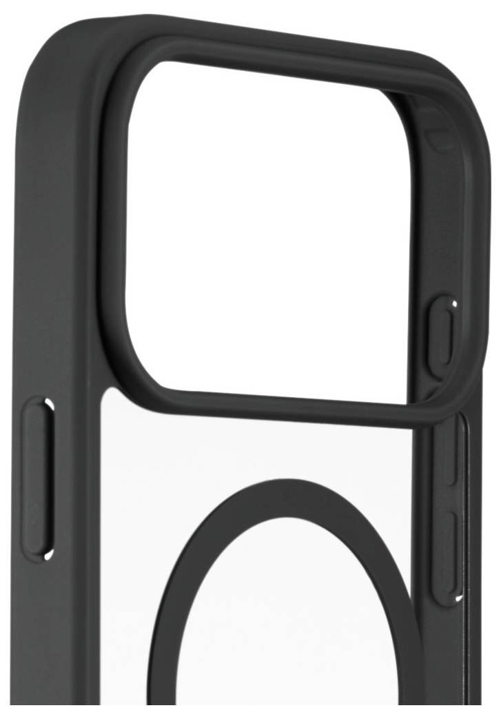 A black smartphone case with a large camera cutout at the top and a circular design in the middle, viewed from an angle.
