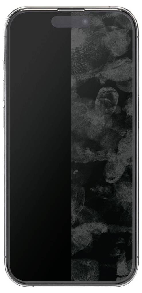 A smartphone screen divided into clean and smudged halves shows the contrast between a polished and dirty surface.