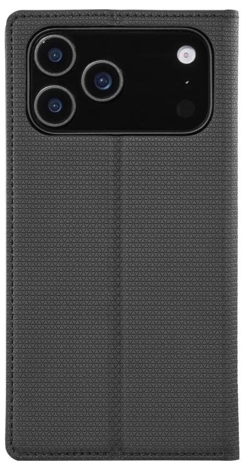 A black smartphone case with a textured surface and a camera cutout for three lenses and a flash.