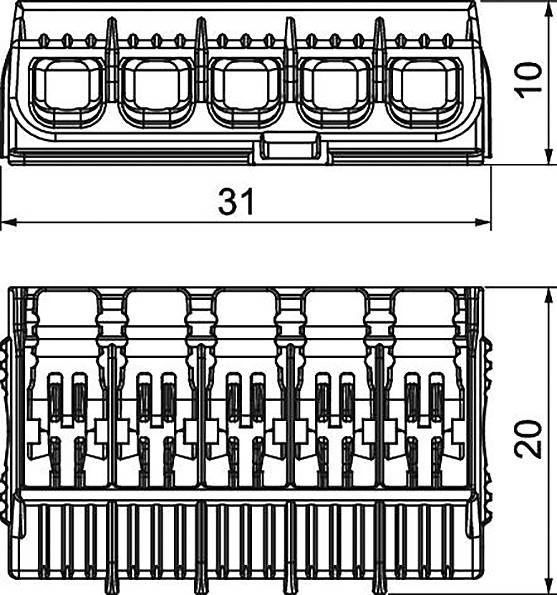 Technical drawing of a connector with two views: top and side. Top view shows five pin slots; side view shows height (10) and length (31) dimensions.