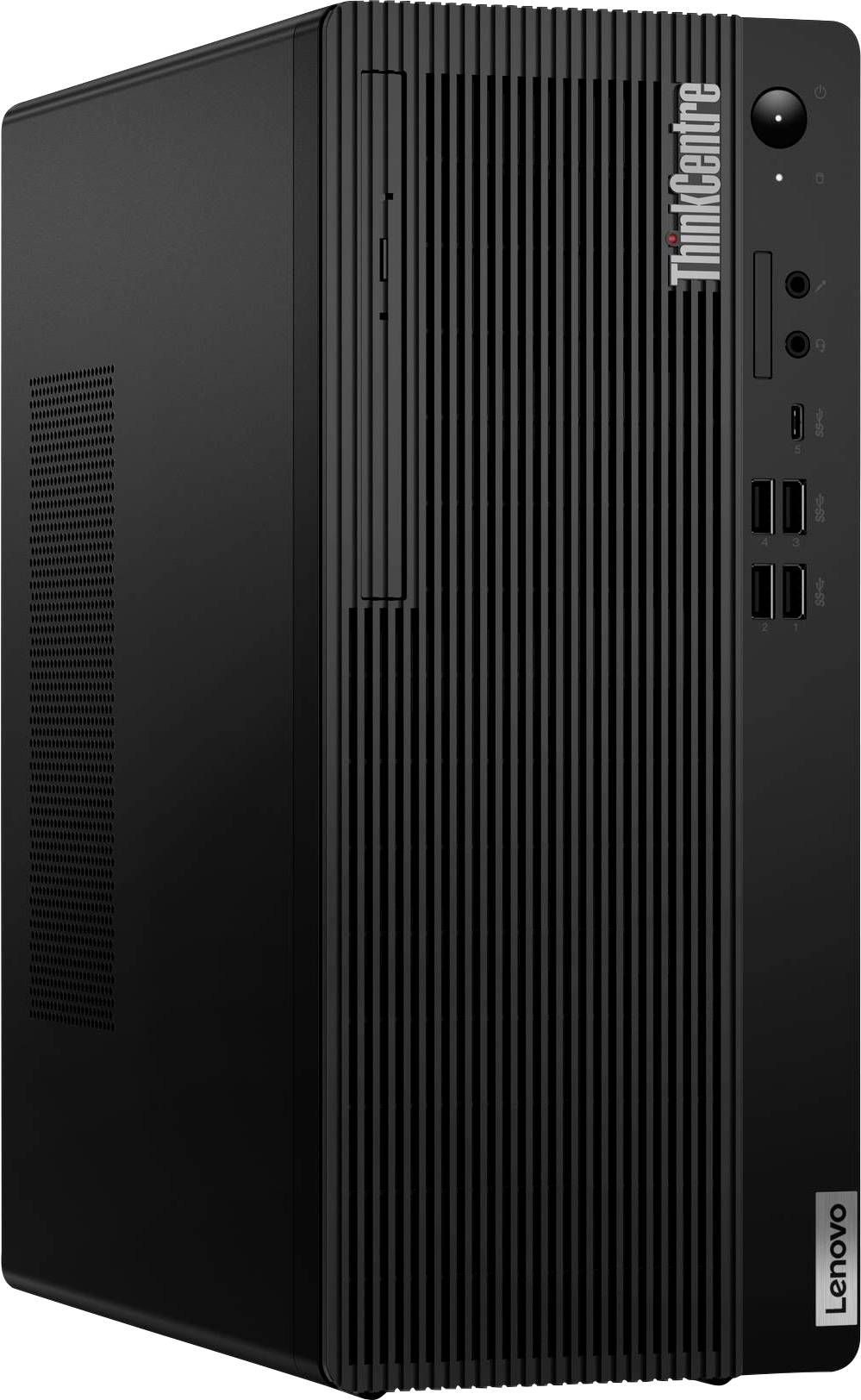 A black Lenovo ThinkCentre desktop tower with front ports and power button visible, designed for office or professional use.