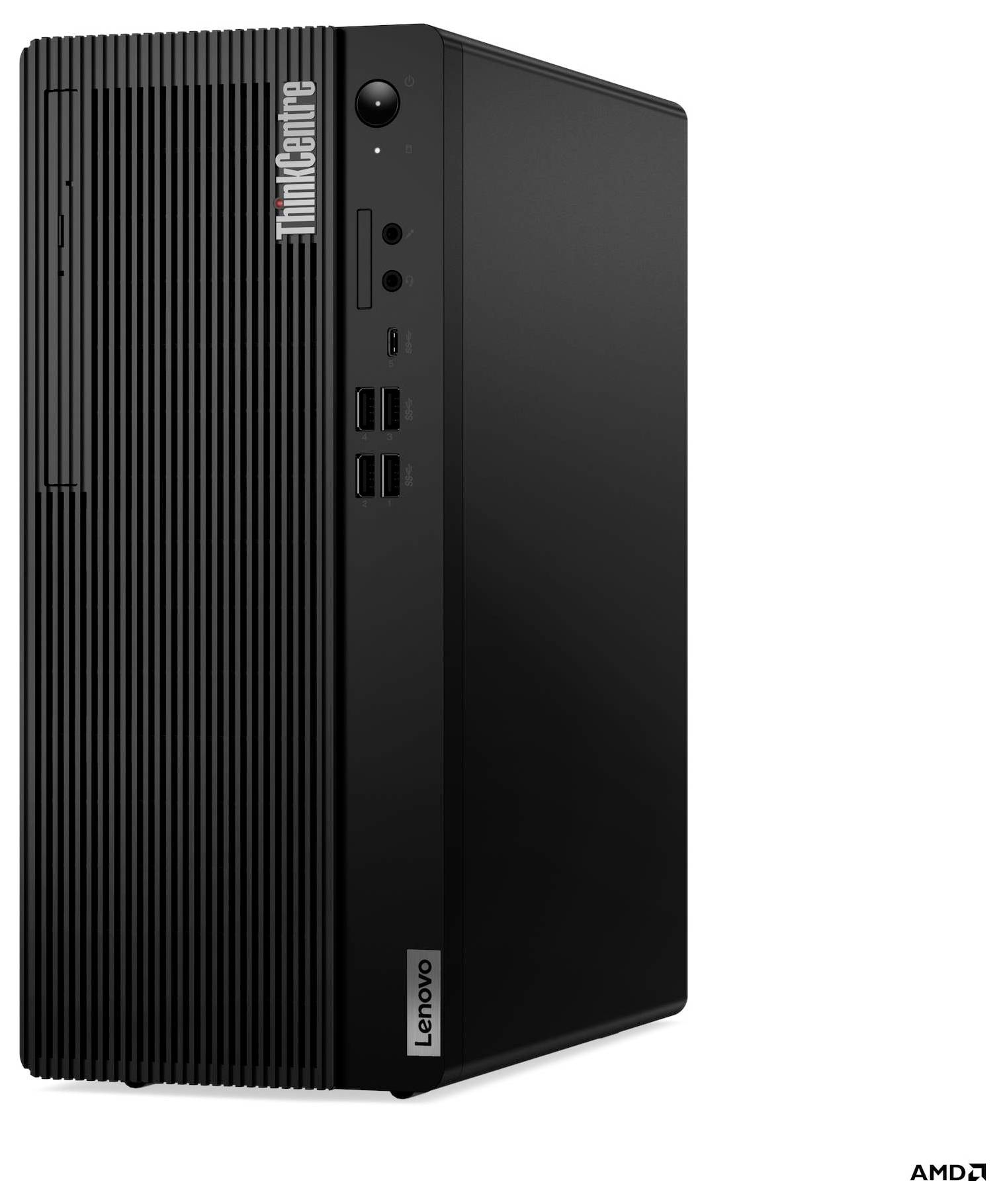 A black Lenovo ThinkCentre desktop computer tower with multiple USB ports and a power button on the front.