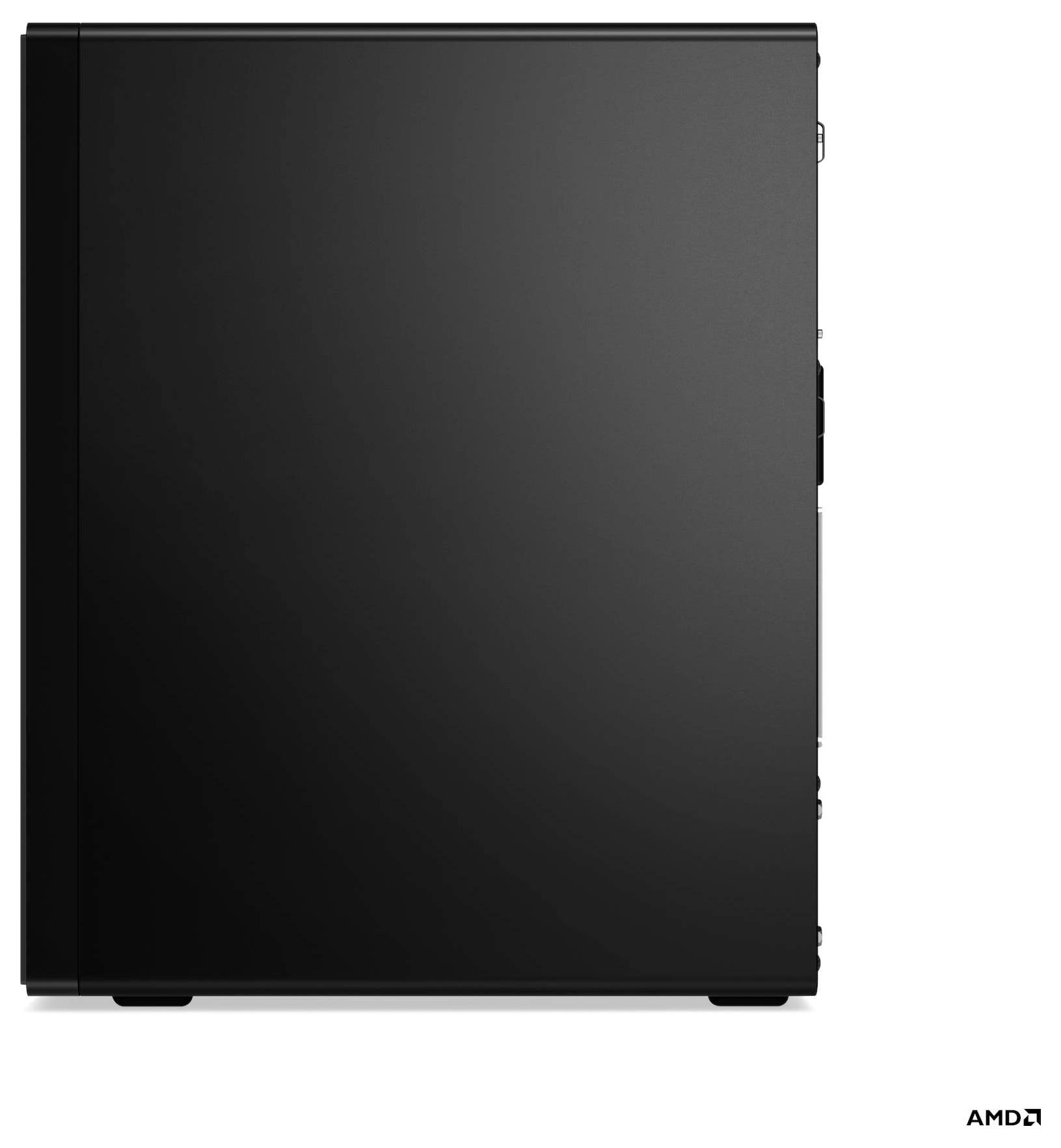 Large black computer tower with minimal design, featuring a side view showcasing bezels and ports; small AMD logo in lower right corner.