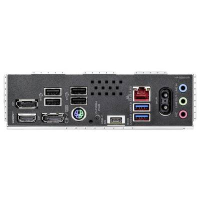 The image shows the back panel of a computer motherboard. It includes HDMI, DisplayPort, USB, Ethernet, audio ports, and a PS/2 connector.