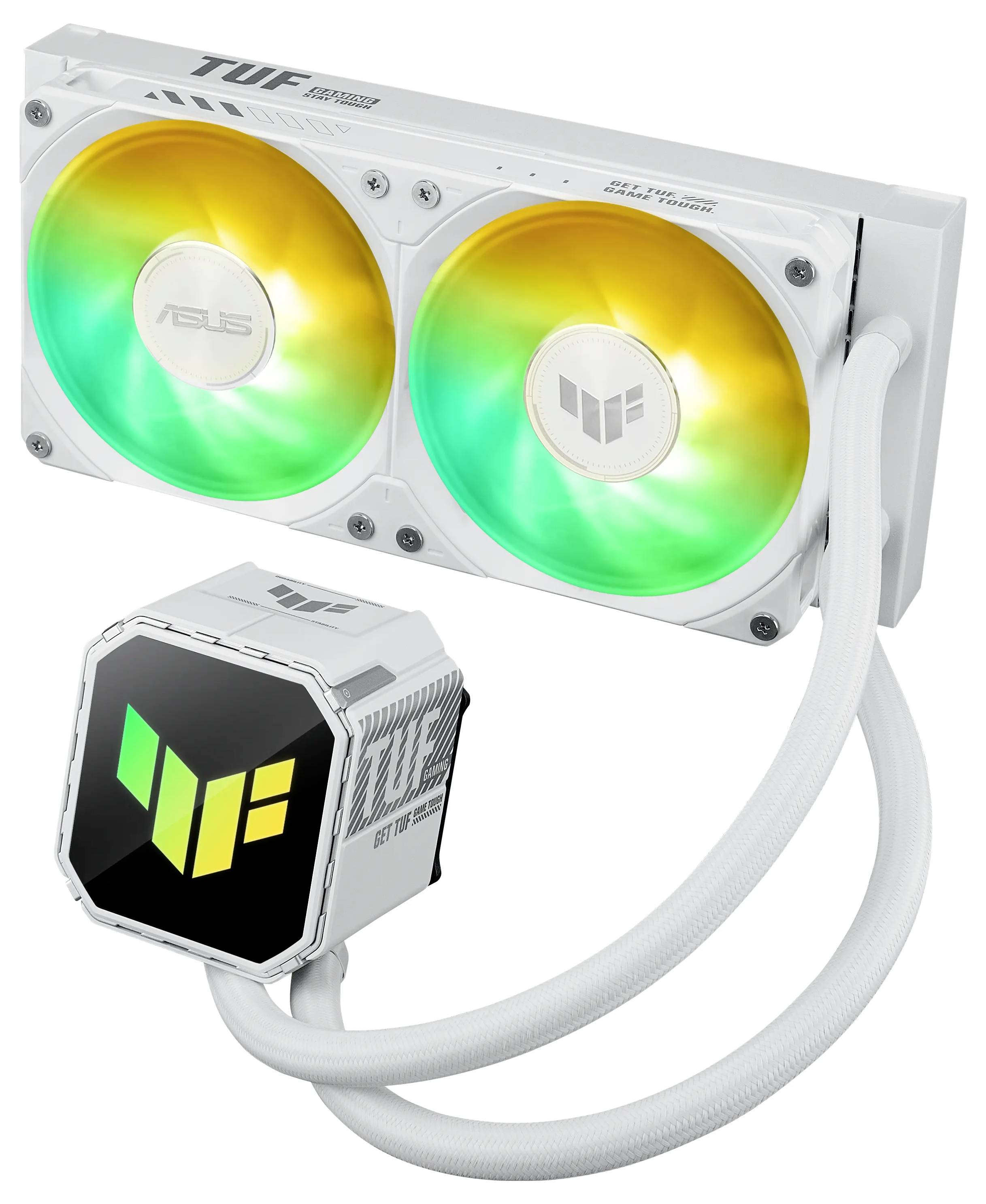 Dual-fan radiator with LED lights, labeled 'TUF Gaming' by ASUS, featuring a pump block with branding and white tubing for PC cooling.