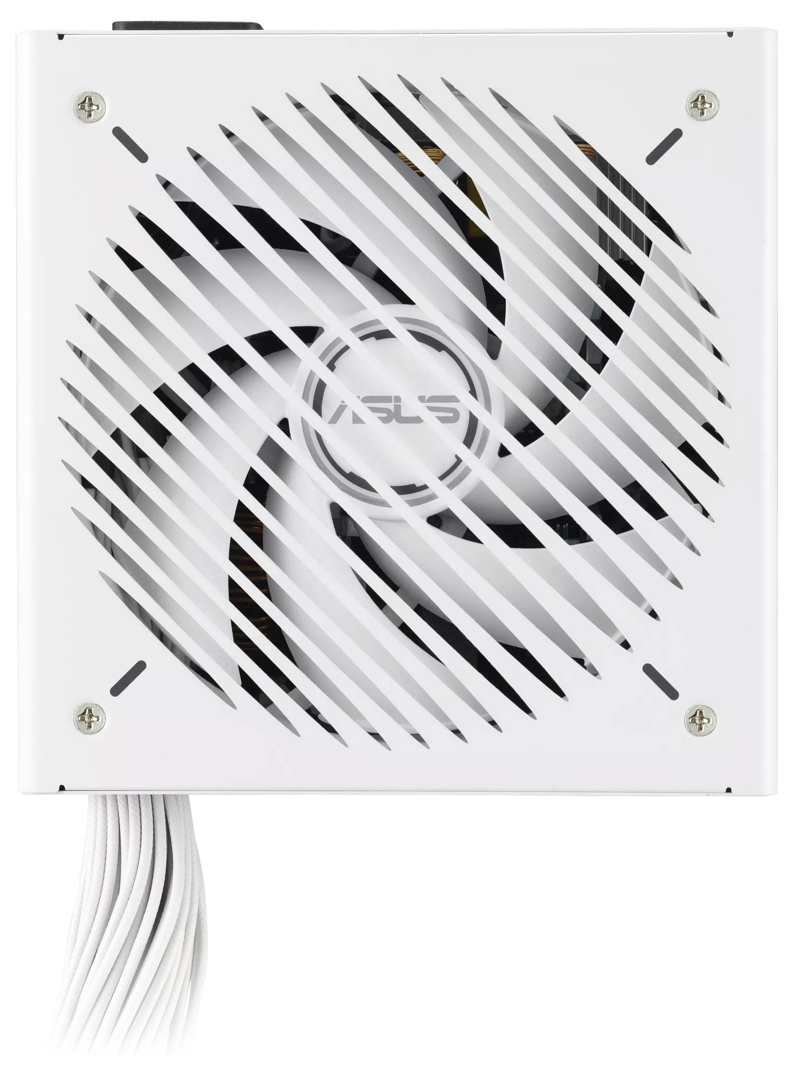 White computer power supply unit with a large fan and cable bundle, designed to provide power to PC components.