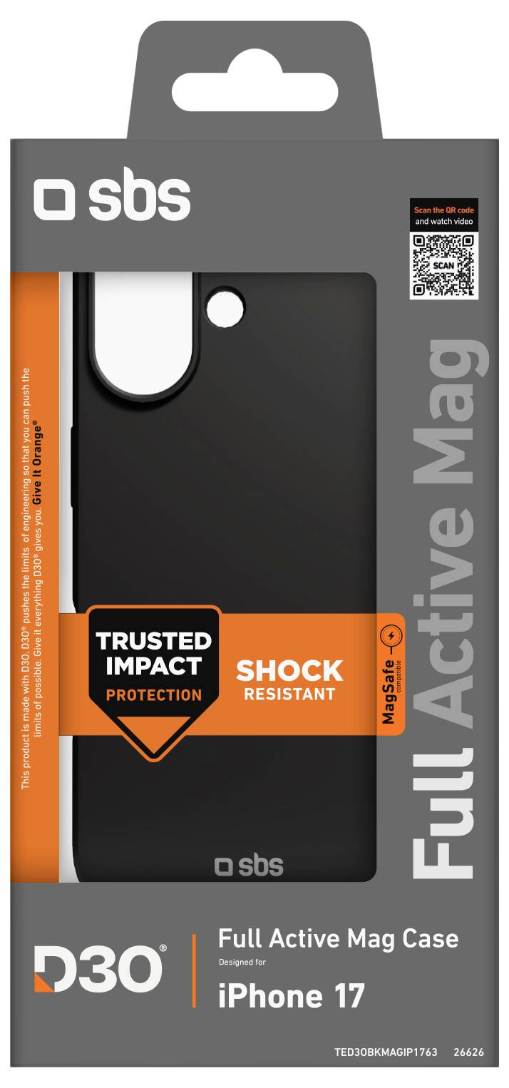 'Full Active Mag Case for iPhone 17 by SBS. D30 impact protection, shock resistant. Black case in retail packaging with orange accents.'