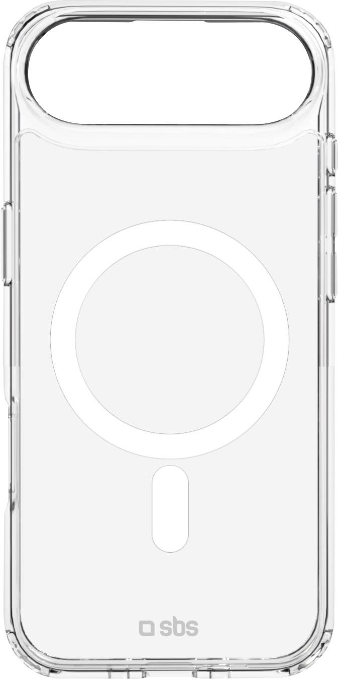 A clear mobile phone case featuring a circular magnetic charging alignment design at the back, with 'sbs' branding at the bottom.