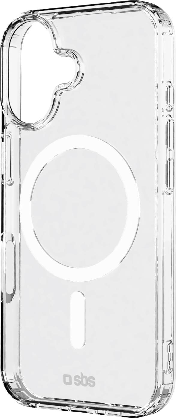 A transparent smartphone case with MagSafe compatibility, featuring a circular magnet outline in the center and a small logo at the bottom.
