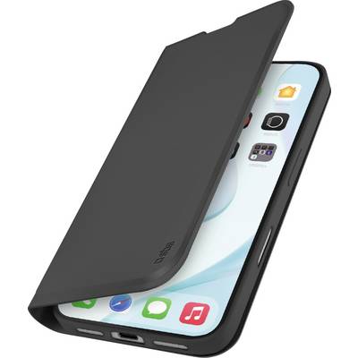 A black smartphone case partially open, revealing a screen with app icons. The phone's bottom edge and charging port are visible.