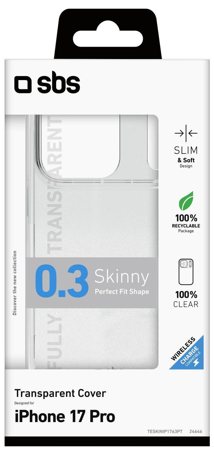 'Transparent Cover' packaging for iPhone 17 Pro by SBS, features '0.3 Skinny' model, slim design, 100% recyclable, wireless charging compatible.