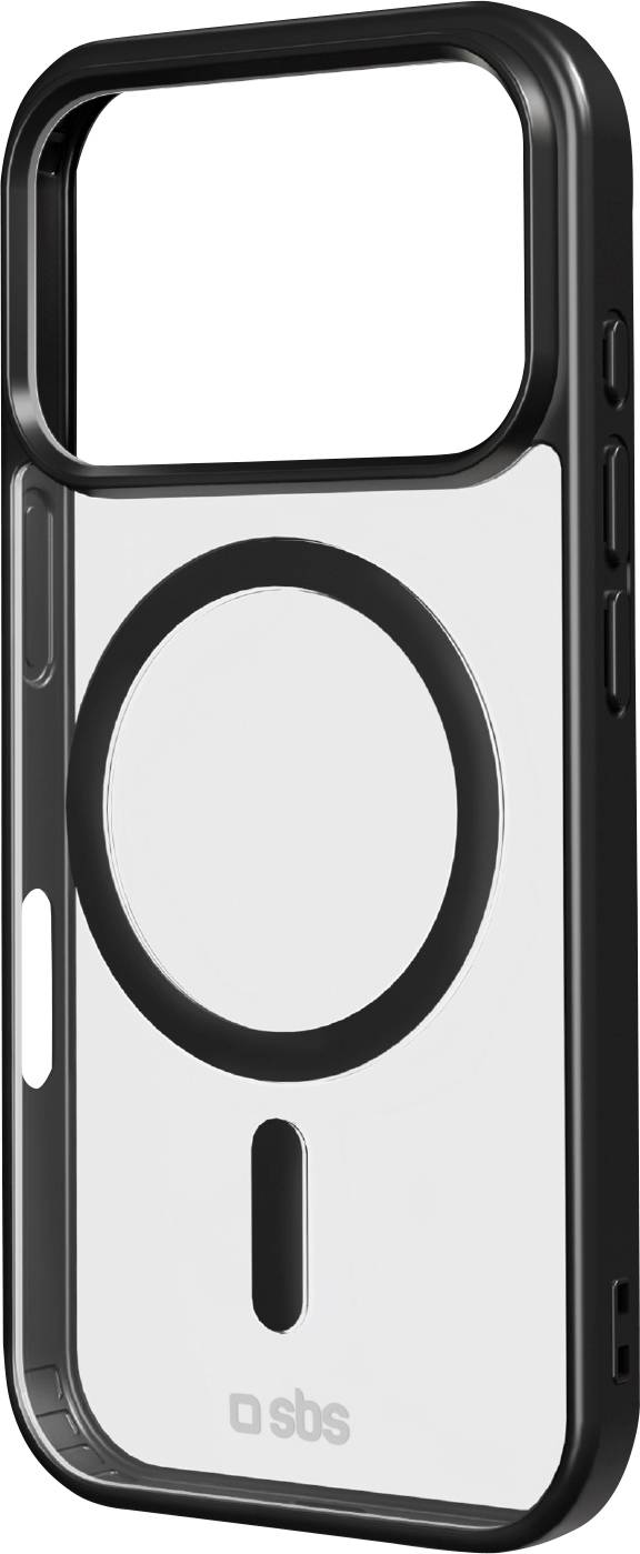'A transparent smartphone case with black edges, featuring a large circular magnetic ring for MagSafe compatibility, branded with SBS.'