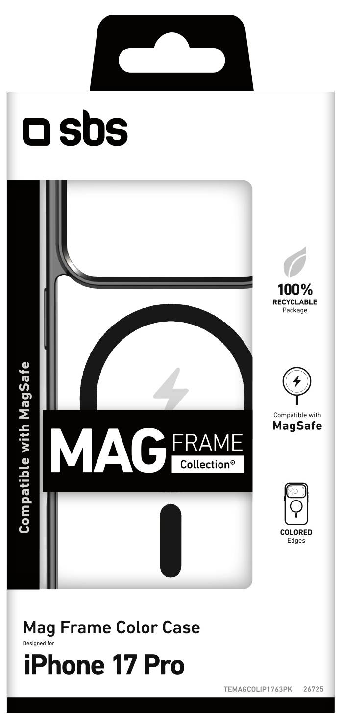 'Mag Frame Color Case' packaging for iPhone 17 Pro, displaying a black circle suggesting MagSafe compatibility and 100% recyclable package.