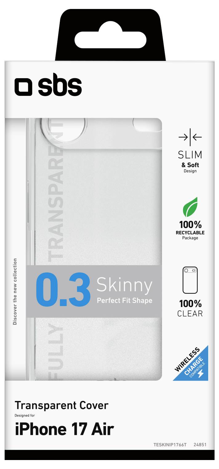 'iPhone 17 Air transparent cover packaging. Features include slim fit, 100% recyclable, compatible with wireless charging.'