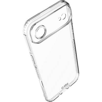 Clear smartphone case angled view; transparent protective cover with camera cutout and raised edges, suitable for device protection.