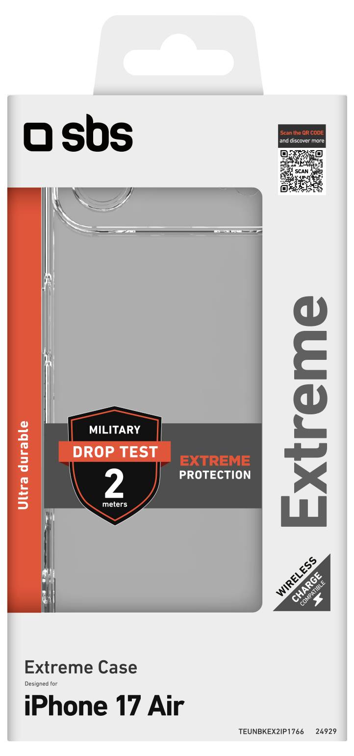 Phone case packaging labeled 'sbs Extreme', featuring 'Military Drop Test 2 meters' certification, suited for 'iPhone 17 Air'.